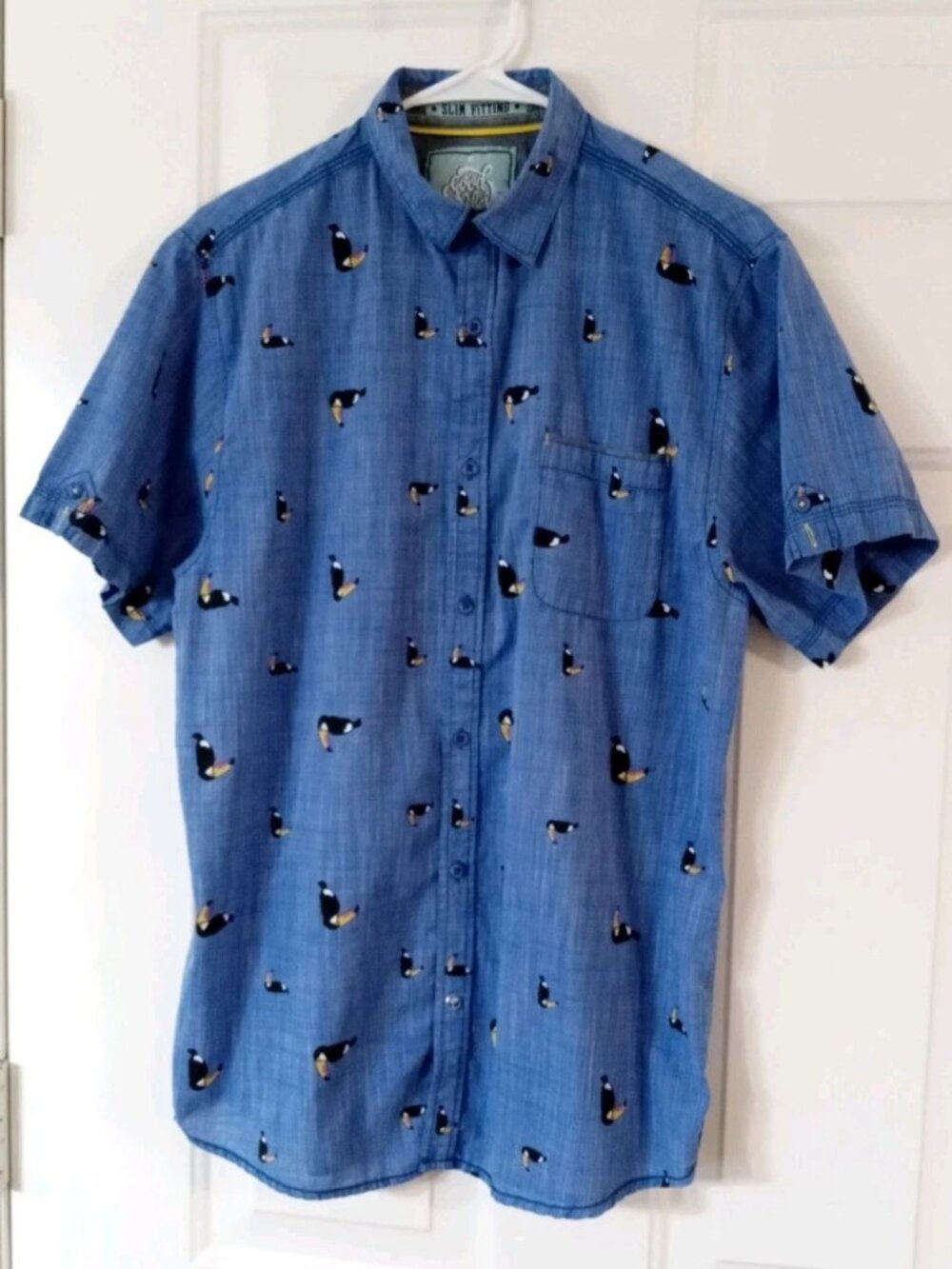 Good Vibes Short Sleeve Button Blue Shirt Toucans Slim Fitting Men's Large